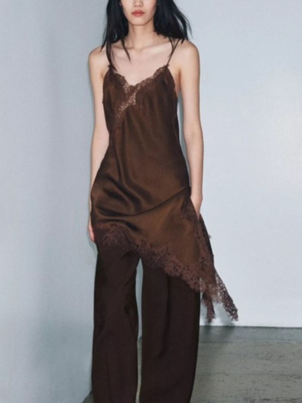 Zara Brown Asymmetrical Satin Slip Top with Lace Trim